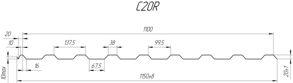 Профнастил С20R 1150/1100x0,45 мм, 5021 водная синь глянцевый